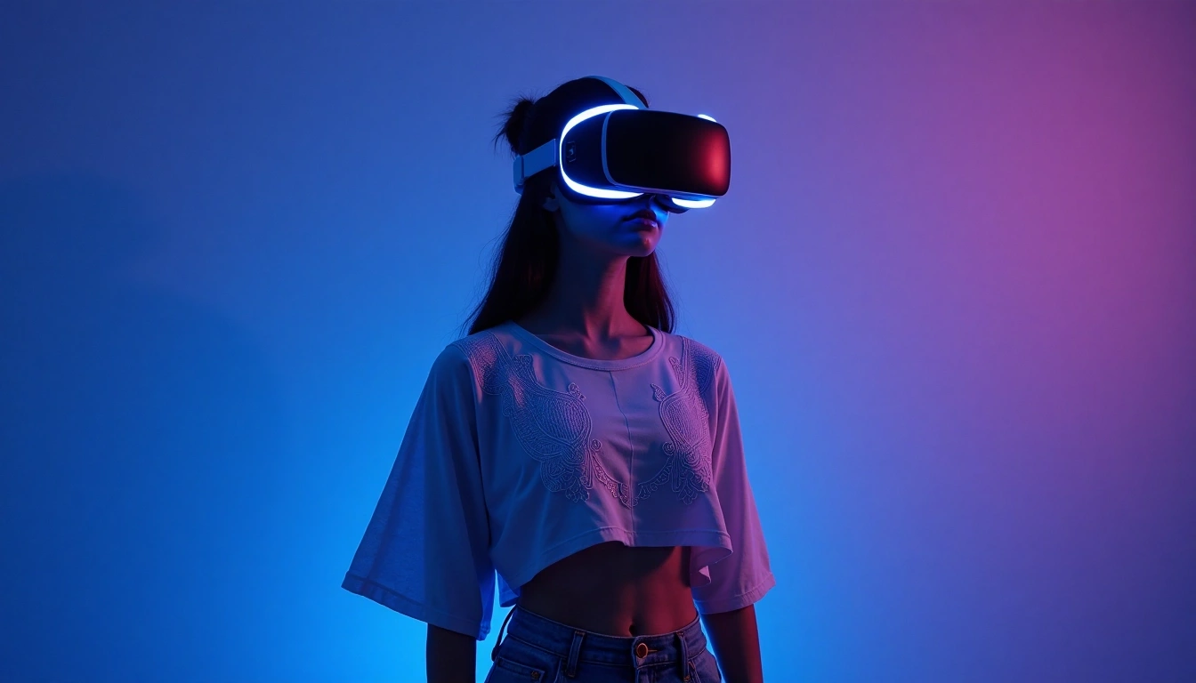 Glimpse of future technology and transformations. A woman wearing AR glasses with neon lights.